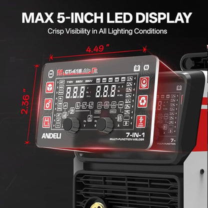 ANDELI 7 in 1 Multi-Process Plasma Cutter Welder Combo, 110/220V Dual Voltage Cutting Welding Machine GAS MIG/FLUX MIG/HF TIG/STICK/COLD/CUT/Aluminum MIG Welder (MCT-418)