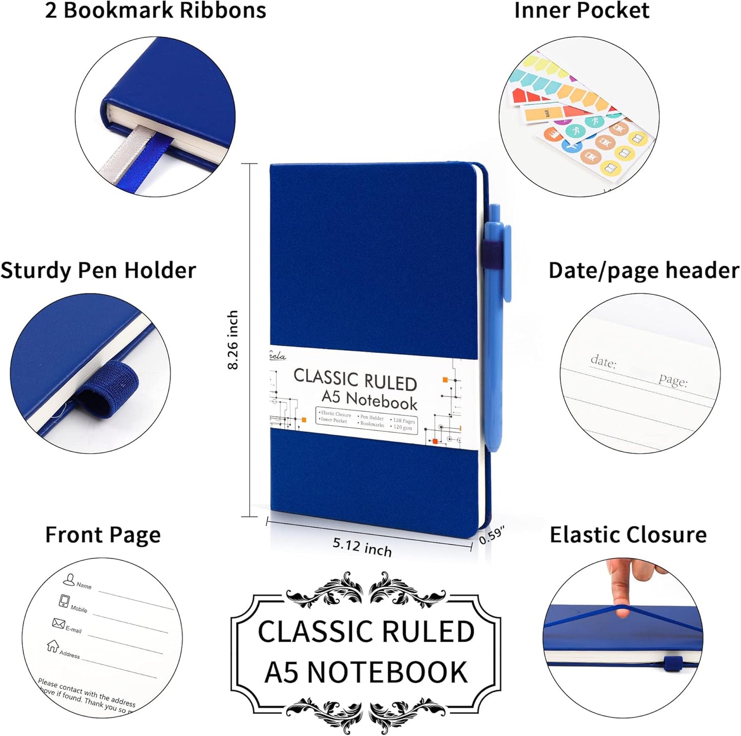 feela 24 Pack Journal Notebook for Work, Business Notebook Bulk Hardcover Lined Writing Journal with Pen Holder for Men Women Note Taking, with 24 Black Pens, 120 GSM, 5.1”x8.3”, A5, Navy