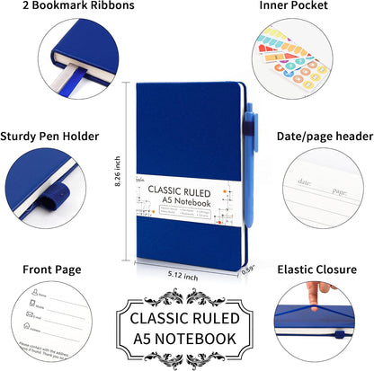 feela 24 Pack Journal Notebook for Work, Business Notebook Bulk Hardcover Lined Writing Journal with Pen Holder for Men Women Note Taking, with 24 Black Pens, 120 GSM, 5.1”x8.3”, A5, Navy