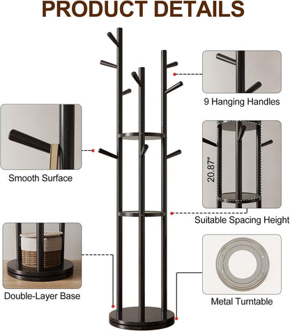 Solid Wood Rotary Coat Rack, Freestanding Coat Rack with 3 Shelves and 9 Hooks, Coat tree for Bedroom, Entryway, Livingroom, Coat Hanger Stand for Coats, Scarves, Handbags (Black)