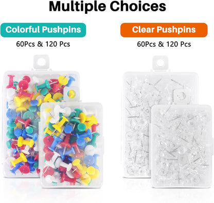 60Pcs Push Pins for Bulletin Board, Thumb Tacks for Cork Board, Colorful Plastic Head, Steel Tip, Thumbtacks for Wall Poster Photo Maps Pictures Office Home Decor