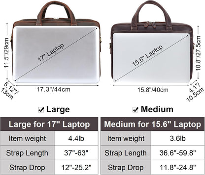 Masa Kawa Leather Briefcase for Men 15.6", 17" Laptop Computer Case Business Travel Work Messenger Cross Body Shoulder Bag
