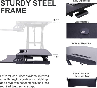 Rocelco 43" Height Adjustable Standing Desk Converter with Premium Dual Monitor Arm Mount - Tall Stand Up Tabletop Riser and Tablet Slot - Computer Workstation - Keyboard Tray - Black (R VADRB-43-MA2)
