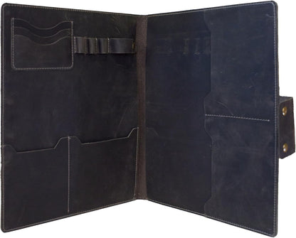 Leather Portfolio Folder - Genuine Leather Document Organizer with Multiple Pockets and Pen Holder – Business Padfolio for A4 Letter Size Papers, Professional Resume or Meeting Use (Charcoal)