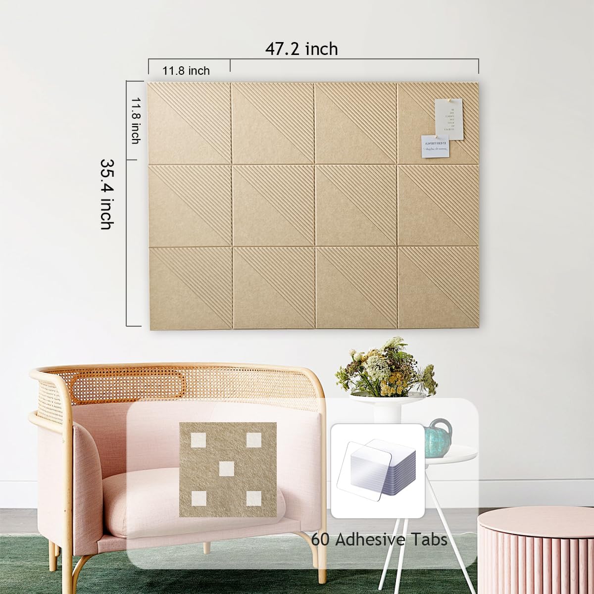 Large Cork Board for Walls 48"x 36", 12 Pack Felt Wall Tiles with Safe Removable Adhesive Tabs, Cork Board for Office,Pinboard Bulletin Board - Tan