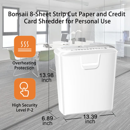 Bonsaii Quiet Strip-Cut Shredder, Up to 8 Sheets, Offering high Security, CDs, Credit Cards, Overheat Protection, Equipped with a 3.4-Gallon bin, Operates Quietly, Ideal for Home Office, White