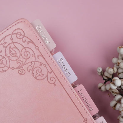 UPAFEXXI-Laminated Bible Tabs (Rose Gold Foil Embossed Lettering), Bible Tabs for Women and Men, Reposition Large Print Stickers, Easy to Read and Apply, 80 Chapters Labels for Easy Navigation(Pink)