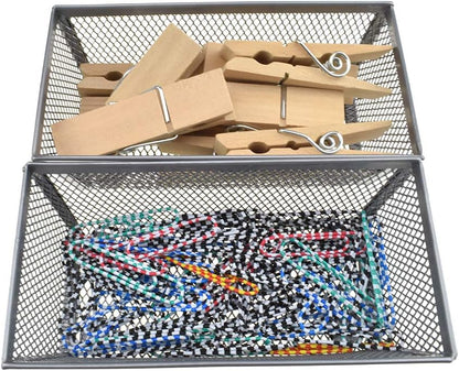 HAHIYO Stackable Mesh Tray Cup 6 x 3 x 2 inches Sturdy Container for Desk Drawer Organizer Collection for Home Office School kitchen Soft Foam Feet No Sharp Edges 2 Pack Silver