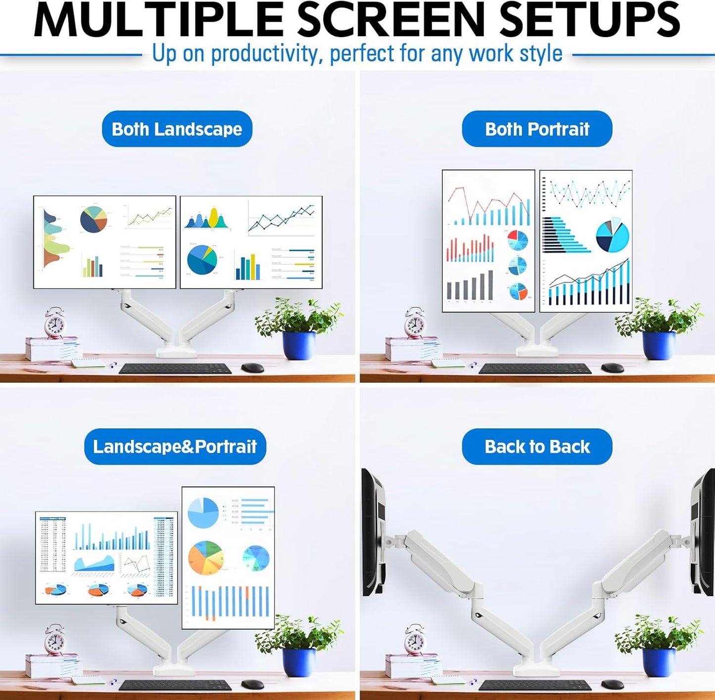 MOUNTUP Dual Monitor Stand for Desk, Pneumatic Monitor Arms for 2 Monitors Max 32 Inches, Height Adjustable Double Monitor Mount, VESA Mounts with C-Clamp & Grommet Base, Holds 4.4-17.6lbs, White
