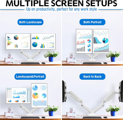MOUNTUP Dual Monitor Stand for Desk, Pneumatic Monitor Arms for 2 Monitors Max 32 Inches, Height Adjustable Double Monitor Mount, VESA Mounts with C-Clamp & Grommet Base, Holds 4.4-17.6lbs, White