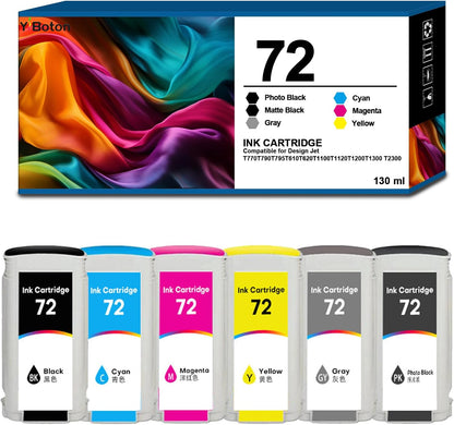 High Yield 72 Ink Cartridges C9403A C9370A C9371A C9372A C9373A C9374A Replacement for HP 72 Ink Cartridges for T770 T790 T795 T610 T620 T1100 T1120 T1200 T1300 T2300 Printers Ink(6 Pack, 130ML)
