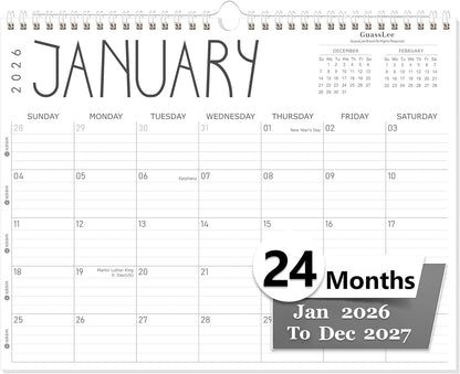 GuassLee Wall Calendar 2026-2027, 24-Month Wall Calendar Runs from January 2026 until December 2027,14" X 11" Hanging Monthly Planner with Thick Paper, Ruled Blocks for Home School Office Organizing
