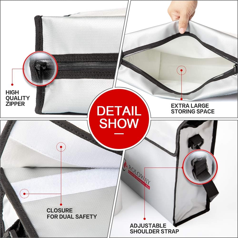 ROLOWAY Fireproof Document & Money Bags, Large Fireproof & Water Resistant Bag (15 x 12 x 5 inches), Fireproof Folder Safe Bag for Cash, Valuables & Passport, with Silicone Coating & Zipper Closure