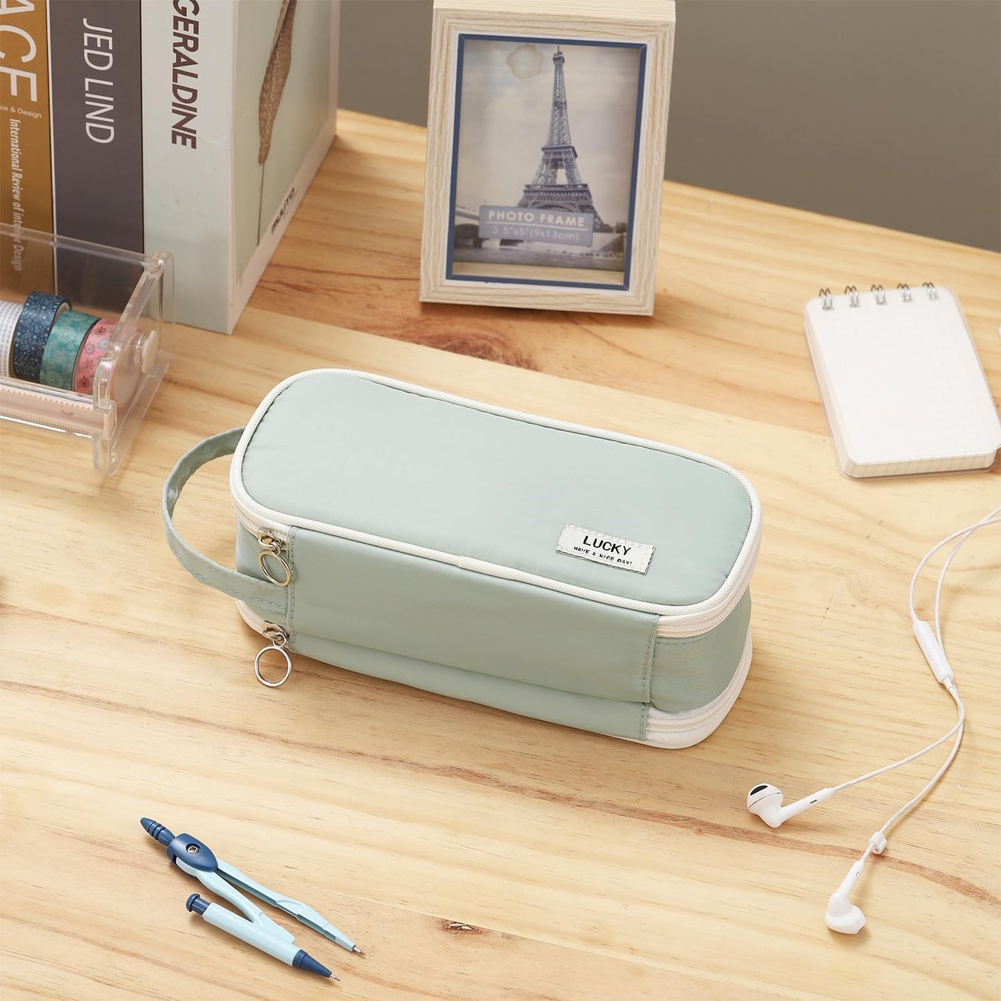 Large Pencil Case Zipper Pencil Pouch for Girls Adults Kids Aesthetic Pencil Bag with Handle Portable Big Capacity Pen Bag Organizer for School Office Green