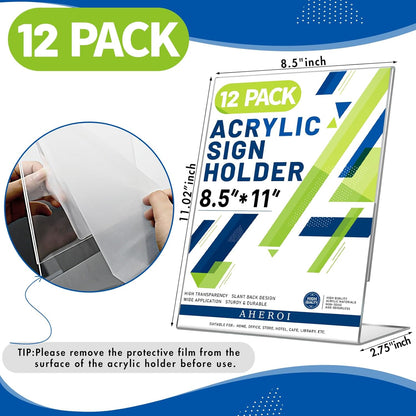 Aheroi 12 PCS Acrylic Sign Display Stands - 8.5 x 11, Clear Plastic Sign Holders for Paper Displays, Home Office Supplies