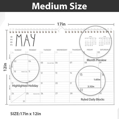 GuassLee Wall Calendar 2026, 24-Month Desk/Wall Calendar from Jan. 2026 to Dec. 2027,17" X 12" Desktop Hanging Monthly Planner with Thick Paper Spiral Bound for Easy Organizing