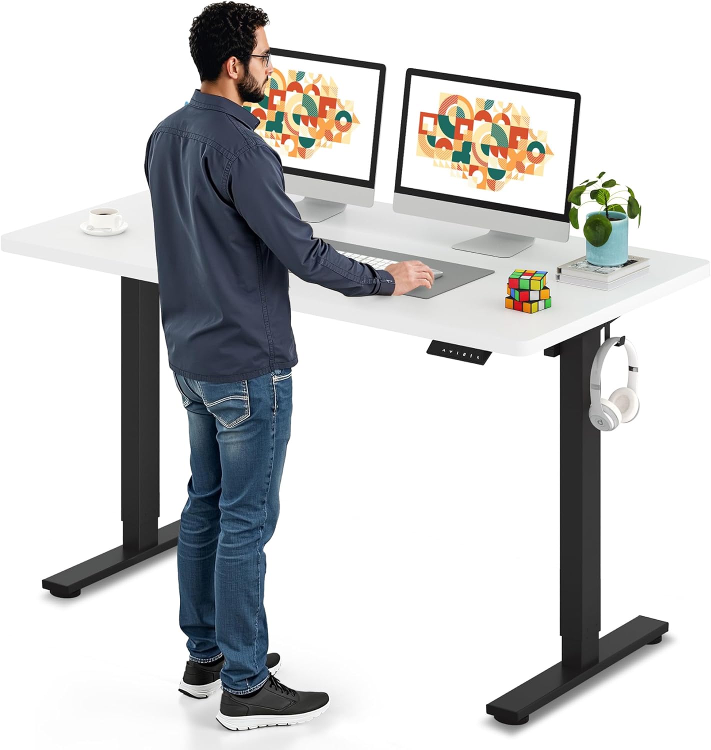 SANODESK Electric Standing Desk 55 x 28 Inches Whole-Piece Desktop Height Adjustable Stand Up Desk w/6-Button Controller Ergonomic Computer Desk for Home Office, Black Frame + White Tabletop