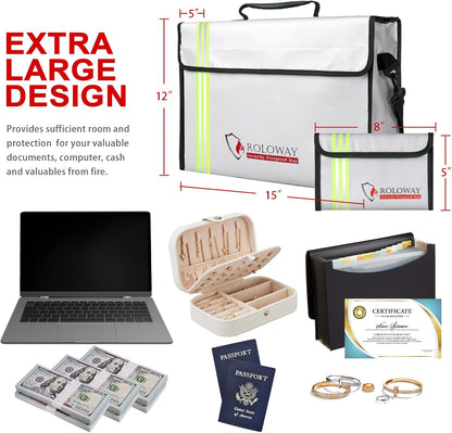 ROLOWAY Large (15 x 12 x 5 inches) Fireproof Bag with Reflective Strip, Water Resistant Fireproof Document Bag Safe for Money, Documents and Valuables Storage