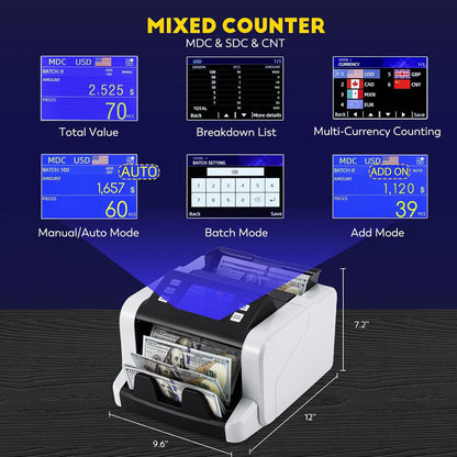 CGOLDENWALL Mixed Denomination Money Counter Machine, Touchscreen Value Counter, 1500Bills/min Cash Counting, UV/MG/IR/DD Detection, Multi-Currency & Modes Bill Counter for Business