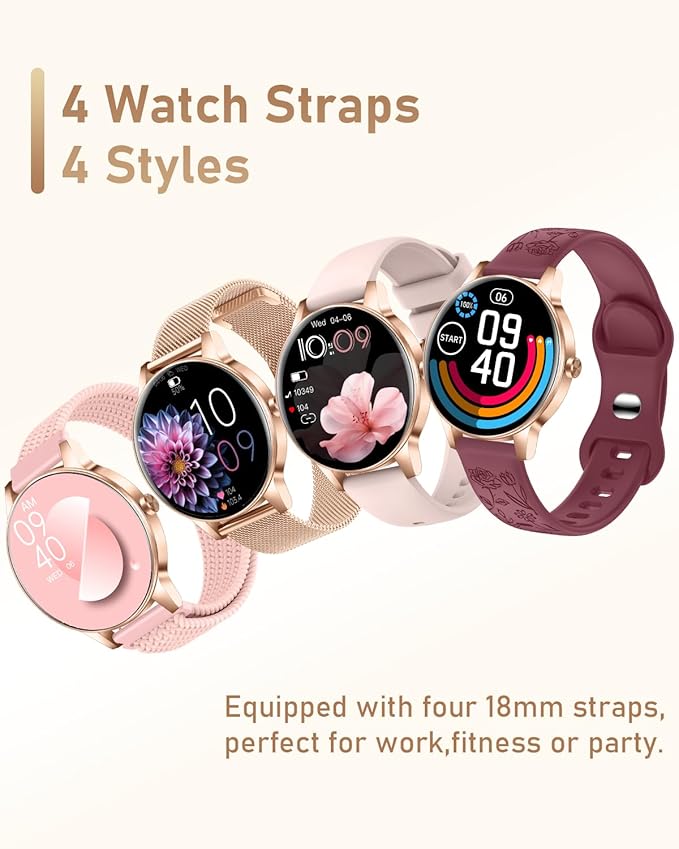 Smart Watch for Women, Answer/Make Call,1.27'' Touchscreen, 120+ Sports Modes Fitness Tracker, 24H Heart Rate/SpO2/Sleep/Menstrual Cycle/IP68 Fitness Watch for Android iOS, 4 Straps (Rose Gold)