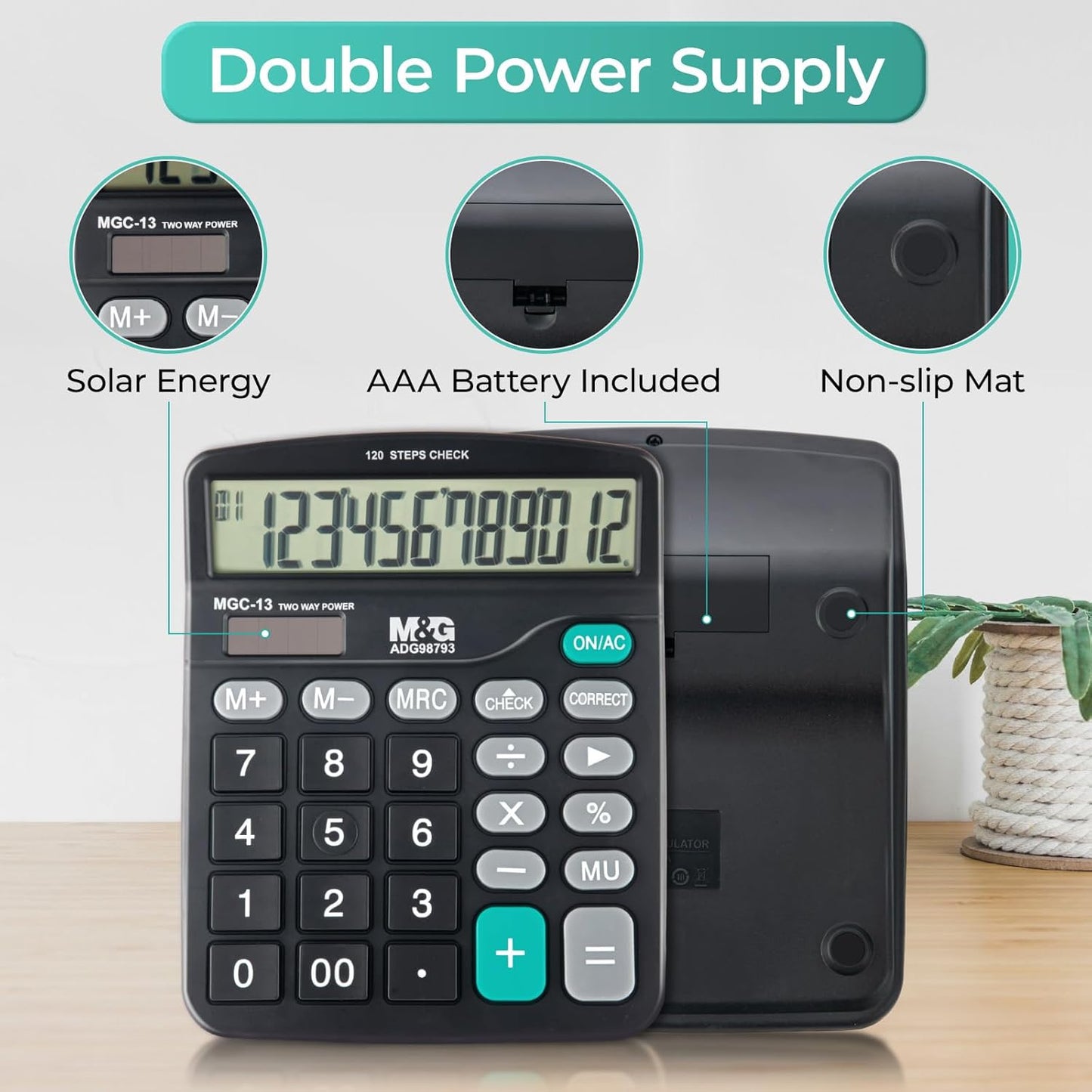 M&G Desk Calculator 12 Digit Office Calculators with Check & Correct, Dual Solar Power and Battery, Large LCD Display Business Calculator with Big Buttons Black