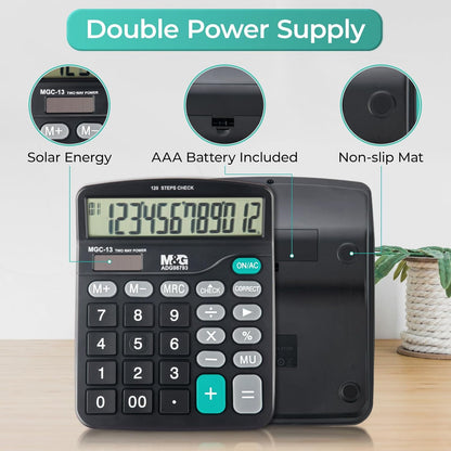 M&G Desk Calculator 12 Digit Office Calculators with Check & Correct, Dual Solar Power and Battery, Large LCD Display Business Calculator with Big Buttons Black