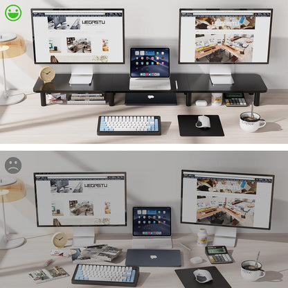 43.7" Extra Long Dual Monitor Stand Riser, Wood & Steel Monitor Stand for 2 Monitors, Wide TV Stand, Desktop Riser for Desk Organization, Home Office，Laptop,Printer,TV (Black)