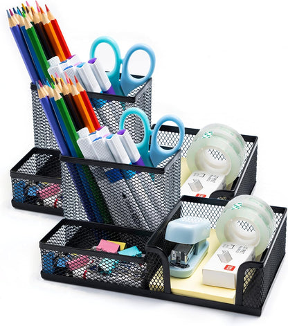 2 Pieces Black Mesh Pen Holder Desktop Organizers Pencil Holder for Desk 3 Compartments Metal Office Supply Organizer with Sticky Notes Holder forOffice Desk Accessories