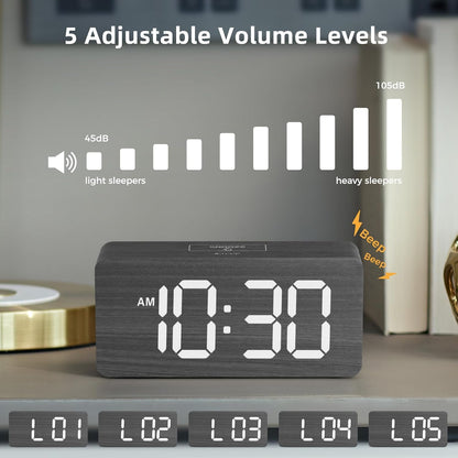uscce Wooden Digital Alarm Clocks for Bedrooms: Dimmable Dual Alarm Clock with Large Numbers for Bedside Desk - Loud Alarm for Heavy Sleepers with Volume Control - Wood Decor & Gifts