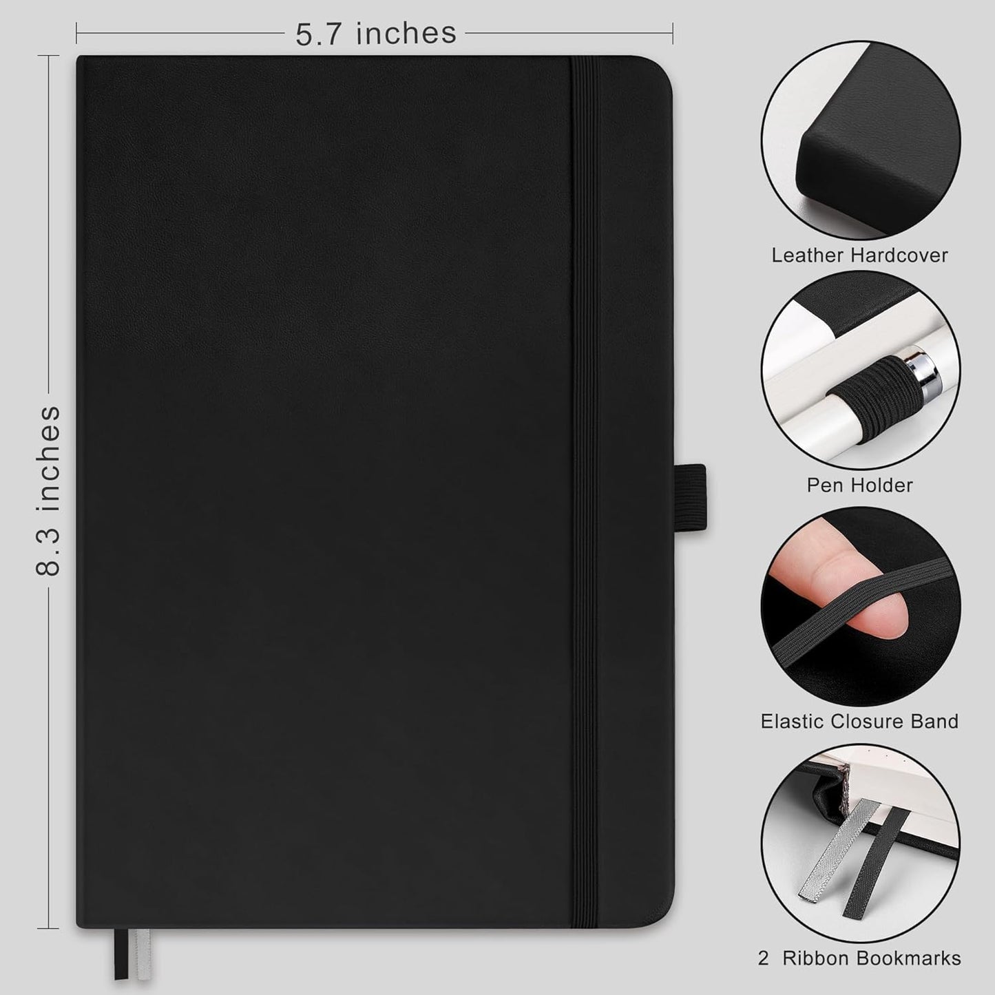 RETTACY Blank Journal Notebook, 2-Pack, 192 Pages per Pack, A5 Medium Size (5.7'' x 8.3''), Leather Hardcover, 100 GSM Thick Paper, for Sketching, Drawing, Painting (Black & Black)