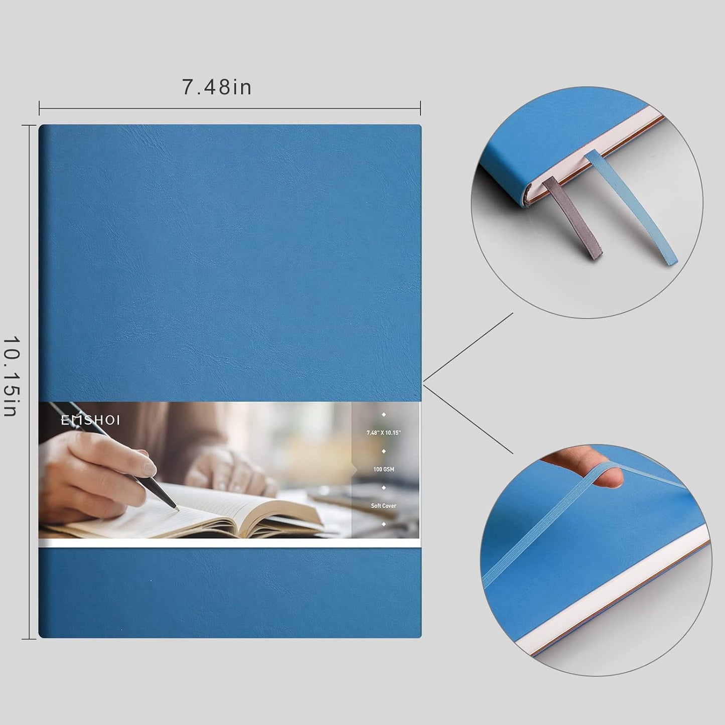 EMSHOI Dotted Journal Bullet Notebook,192 Numbered Pages B5 Large Dot Grid Composition Notebook with 100gsm Thick Dotted Paper, Softcover Leather, Inner Pocket, 7.48"x10.15"-LightBlue