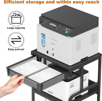 EasyCom Large Printer Stand with Storage Drawer, 5 Adjustable Shelf & 3-Tier Rolling Cart with Industrial Wheels for Desk, Mobile Printer Table for Home Office Fits 3D Printer Scanner Fax Black