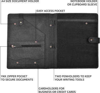 Genuine Leather Portfolio – Sleek Black Professional Organizer & Resume Folder, Antique Leather Business Document Padfolio with Writing Pad, Ideal Gift for Men & Women