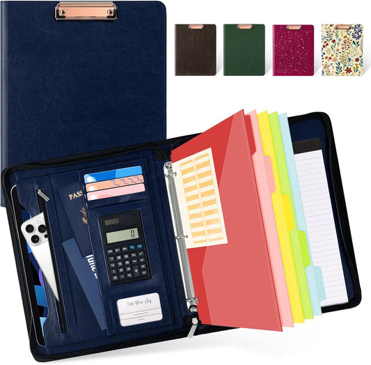 Ospelelf 3 Ring Portfolio Binder with Zipper, Leather Clipboard with Storage, Padfolio Folder for Men, 12.1” Tablet Sleeve, 5 Dividers with Pocket, Refillable Notepad, Card Slot (Navy Bule)