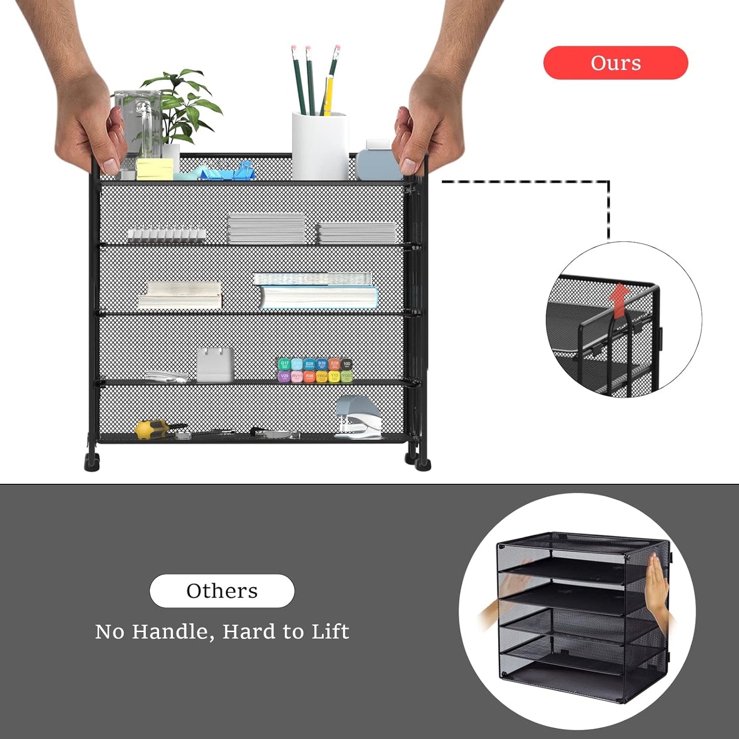 Letter Tray Paper Organizer, 5 Tier Desk Organizers Black Mesh Stackable Paper File Holder for Home Office, Document Shelves and Sorter 13.4Lx9Wx12.6H inches