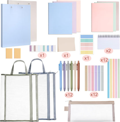 Colarr 54 Pieces Aesthetic School Supplies Including Pastel Highlighters Document Bags Pencils Notebooks Pencil Pouch Ink Pens Sticky Notes Erasers Back to School Gift Stationary Kit Supplies(Morandi)