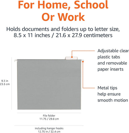 Amazon Basics Hanging File Folders, Letter Size, Gray, 25-Pack