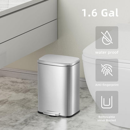 KUK 1.6 Gallon Small Bathroom Trash Can with Lid, 6L/1.6 Gal Office Step Garbage Can for Home, Bathroom, Bedroom, Office, Brushed Stainless Steel