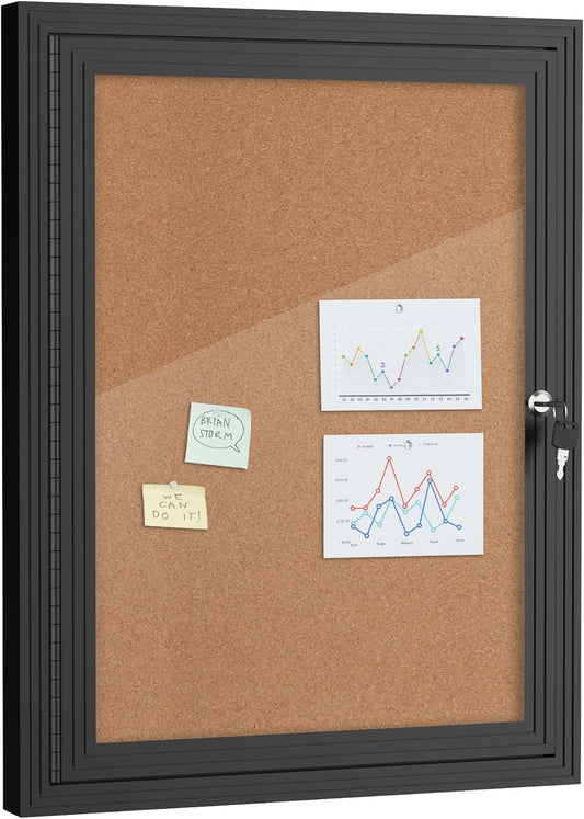 26"x20" Enclosed Bulletin Board, Outdoor Lockable Weather-Resistant Aluminum Cork Noticeboard for School & Office, Silver Frame w/Black Flet