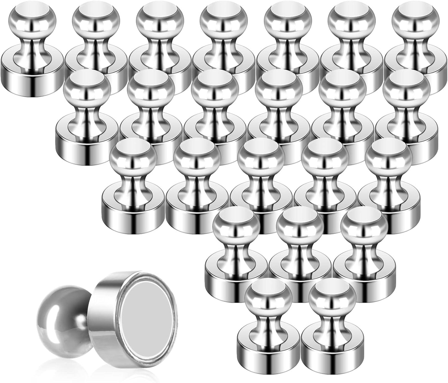 Pack of 24 Silver Magnetic Push Pins for Fridge, Whiteboard, Map, Office, DIY - Refrigerator Magnets for Locker