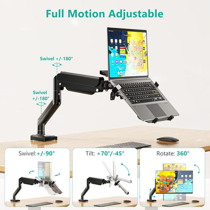 WALI Laptop Desk Mount, 2-in-1 Monitor Mount with Adjustable Laptop Tray, Fits Max 17" Notebook and 34" Computer Screen, Max Holds 22-26.4 lbs, Single Monitor Laptop Stand for Desk (GSMP001NLP), Black