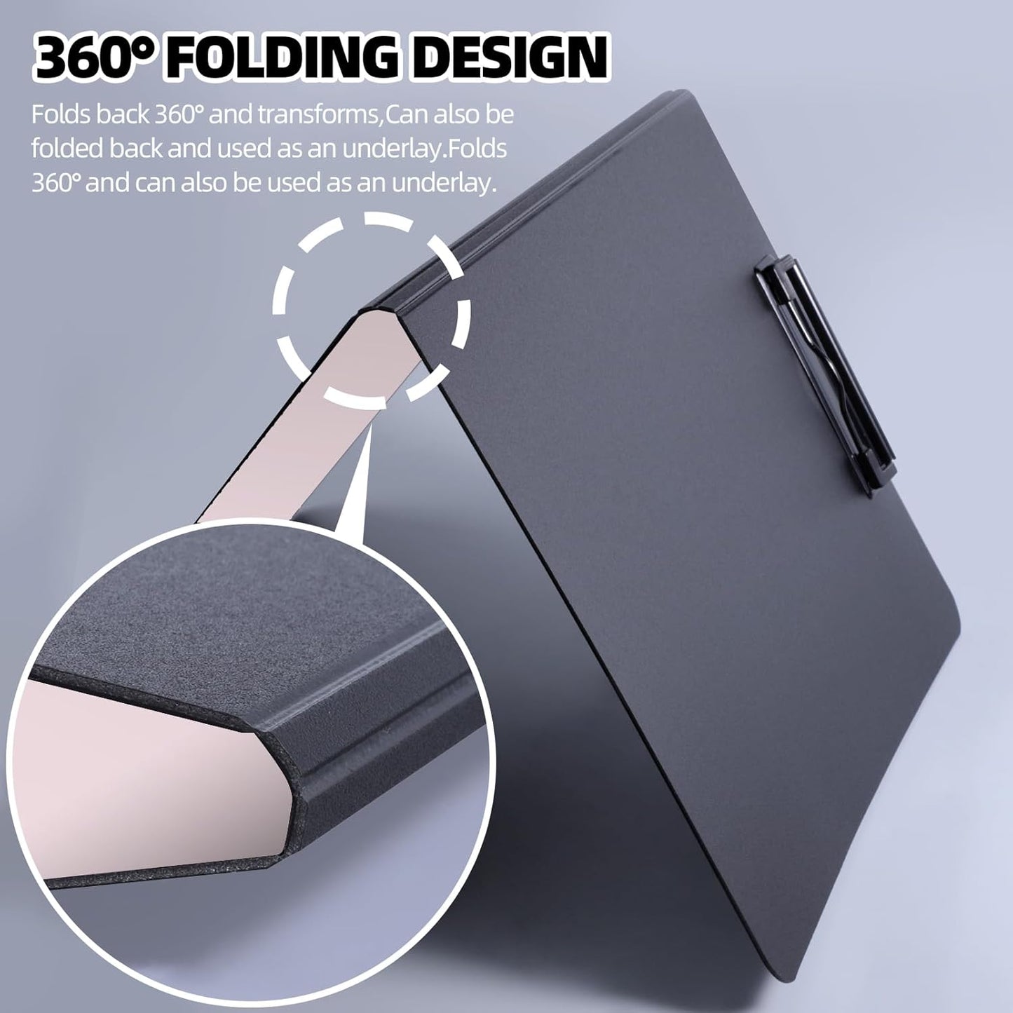 Clipboard Folder, 2 Pcs A4 Foldable Clipboard with Horizontal and Vertical Double Metal Clips, 360 Degree Foldable Binder Clipboards with Pen Holder, File Cover Work Folder Clipboards, Pink