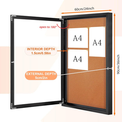 Enclosed Bulletin Board Outdoor Noticeboard with Locking Door, Weather-Resistant, Cork, Black Aluminum Frame, 36 x 24 in