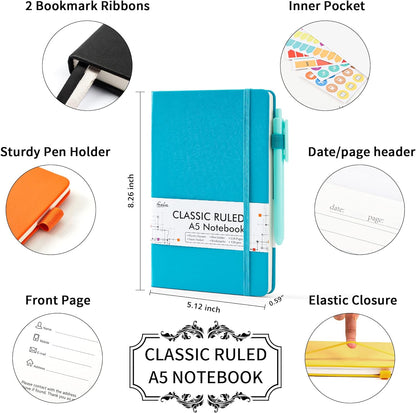 feela Journal Notebook Bulk for School, Hardcover Business Classic Ruled Lined Journals with Pen Holder for Work Office Journaling, with 5 Black Pens, 120 GSM, 5.1”x8.3”, 5 Pack, A5, Solid Colors