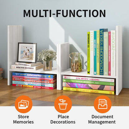 YSJILIDE Wood Adjustable Small Desktop Bookshelf, Expandable Storage Organizer, Organizer Office Storage Rack, Display Shelf Rack, Office Supplies Desk Organizer(White)