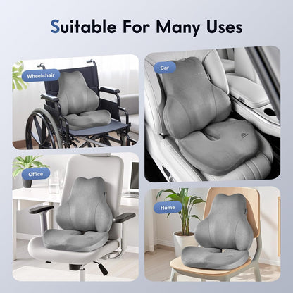 Coverado Memory Foam Car Seat Cushion and Lumbar Support Pillow for Car, Ergonomic Office Chair Cushion for Lower Back Pain Relief, Breathable & Non-Slip for Car, Home, and Office Use, Gray