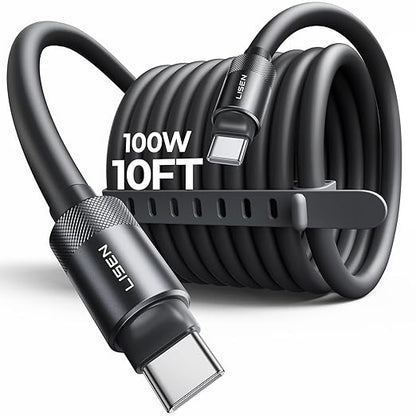LISEN USB C Cable Charger Type C (10FT,100W) Soft Silicone USBC to USBC for Switch 2 iPhone 16 Pro Max Charger Cord, iPhone 15, MacBook Pro/Air, iPad Pro/Air, Samsung S25, Black