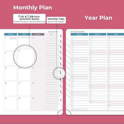 IN-LUXPRO Weekly Monthly 2026 Planner (Jan.26-Dec.26),8.5"x6.5",12 Months Agenda Plan with Month Tabs & Pocket,Expenses/Note Pages, Appointment Book Calendar with Vegan Leather Cover,Rose Red