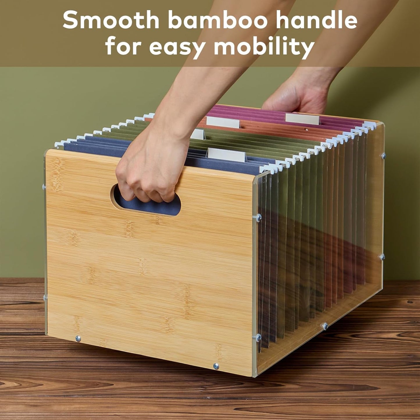 Letter/Legal Bamboo Acrylic File Box Organizer, Hanging File Folder Storage Boxes, Decorative Document Crate Transparent Filing Bin with Handle for Home Office Desk