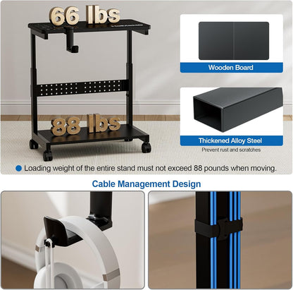 Height Adjustable Computer Tower Stand, 2-Tier ATX-Case CPU Holder with Mouse Pad & Headphone Stand, Mobile PC Standing Under Desk, Home Office Gaming Accessories, Computer Cart Wheels, Black